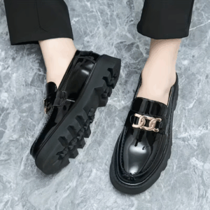 Men's Black Loafers with Golden Metal Buckle
